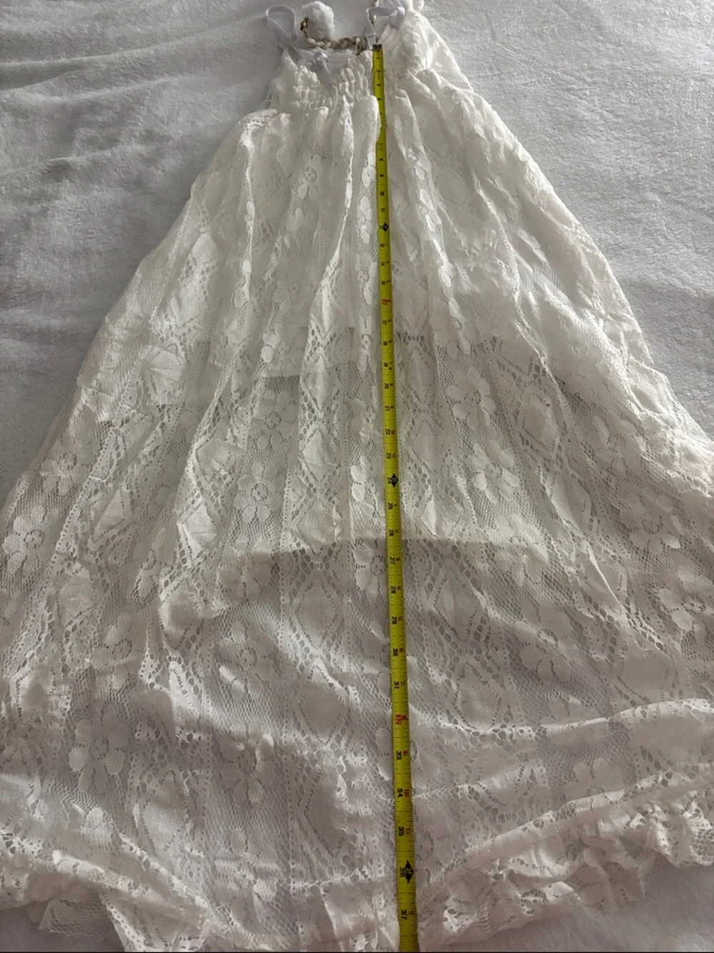 Girls Ivory Lace High-Low Dress with Pom Tie Detail - Picture 3 of 3